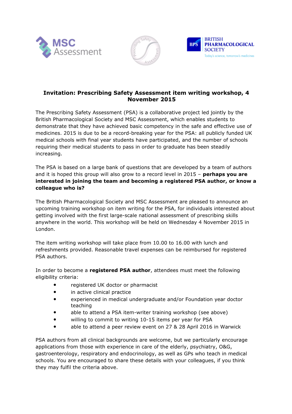 Invitation: Prescribing Safety Assessment Item Writing Workshop, 4 November 2015