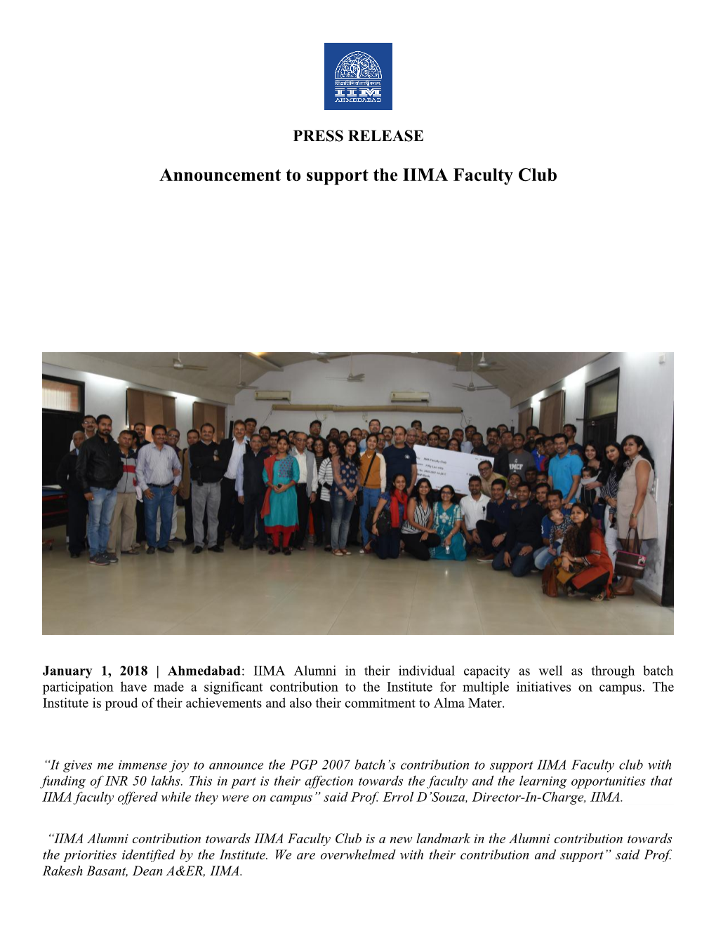 Announcement to Support the IIMA Faculty Club