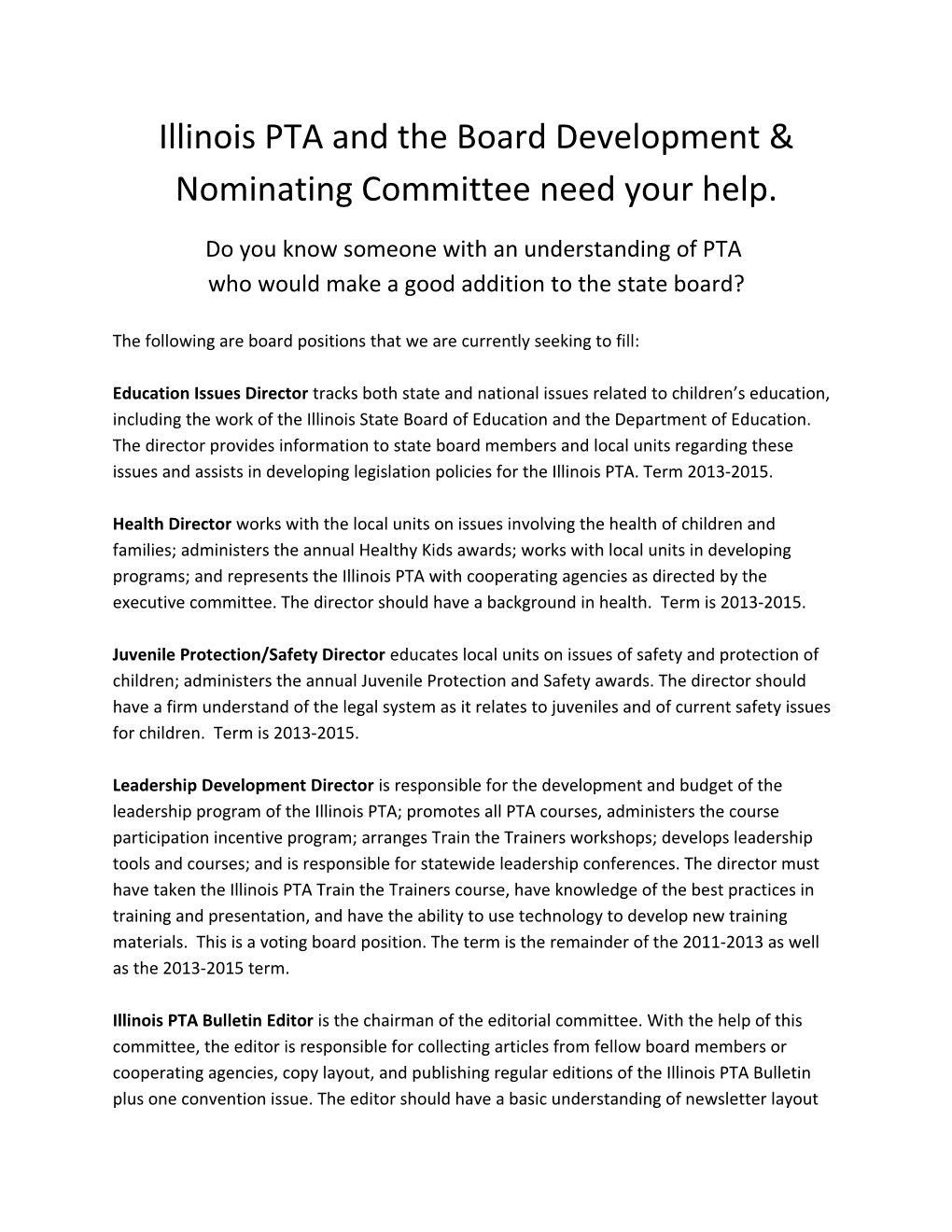 Illinois PTA and the Board Development & Nominating Committee Need Your Help