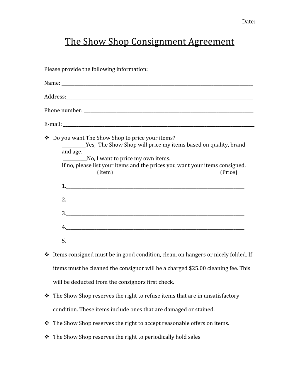 The Show Shop Consignment Agreement