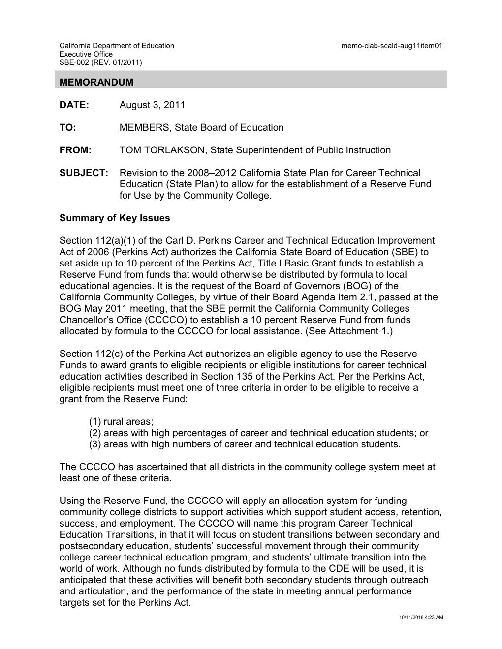 August 2011 Memorandum SCALD Item 1 - Information Memorandum (CA State Board of Education)