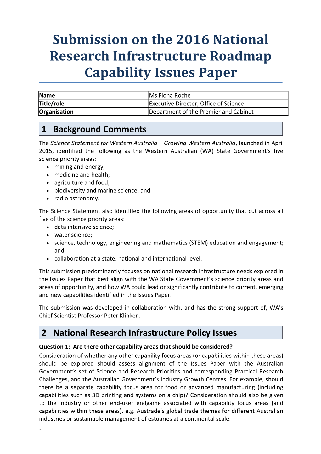 Submission on The2016 National Research Infrastructure Roadmap Capabilityissues Paper