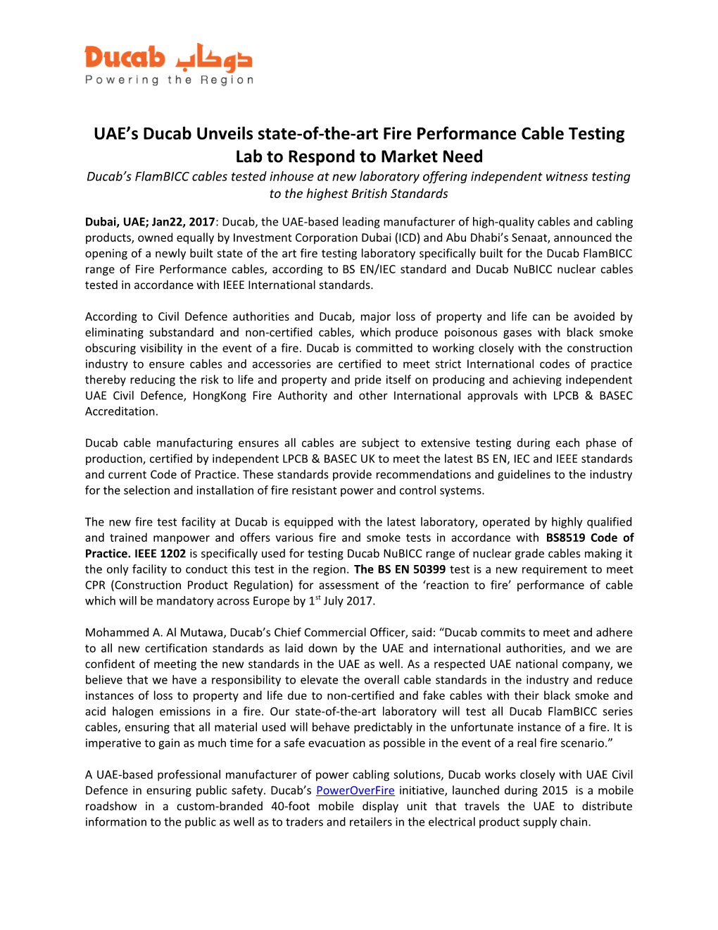 UAE S Ducab Unveils State-Of-The-Art Fire Performance Cable Testing Lab to Respond To