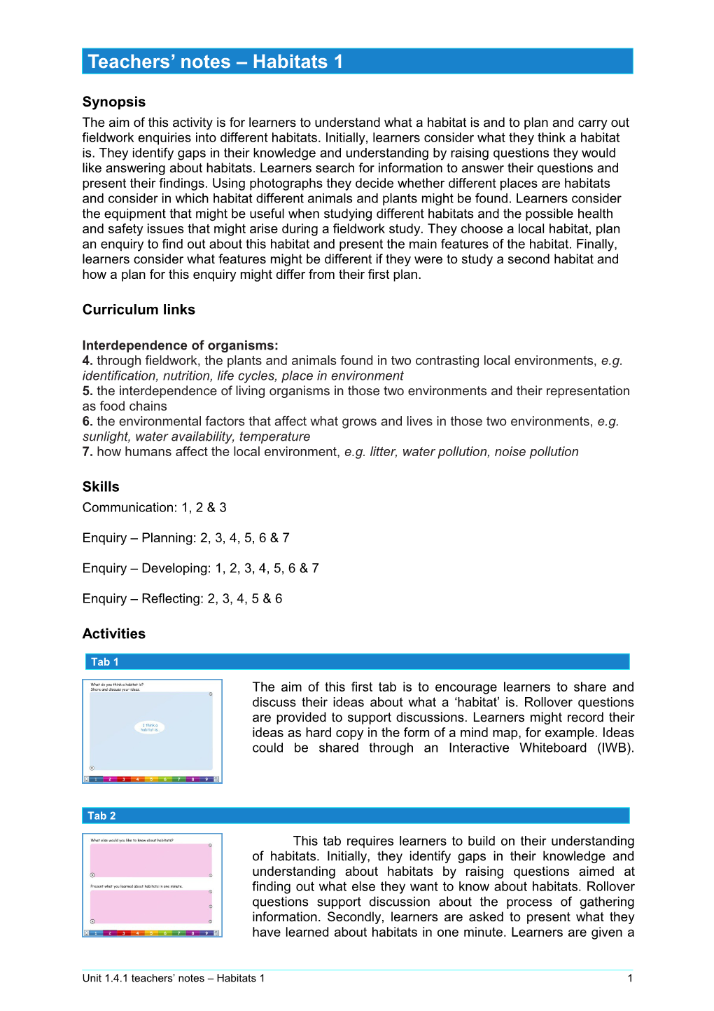 Teachers Notes Habitats 1