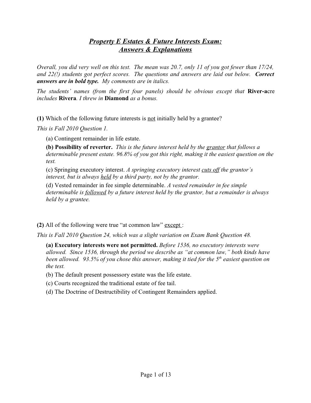 Property Eestates & Future Interests Exam