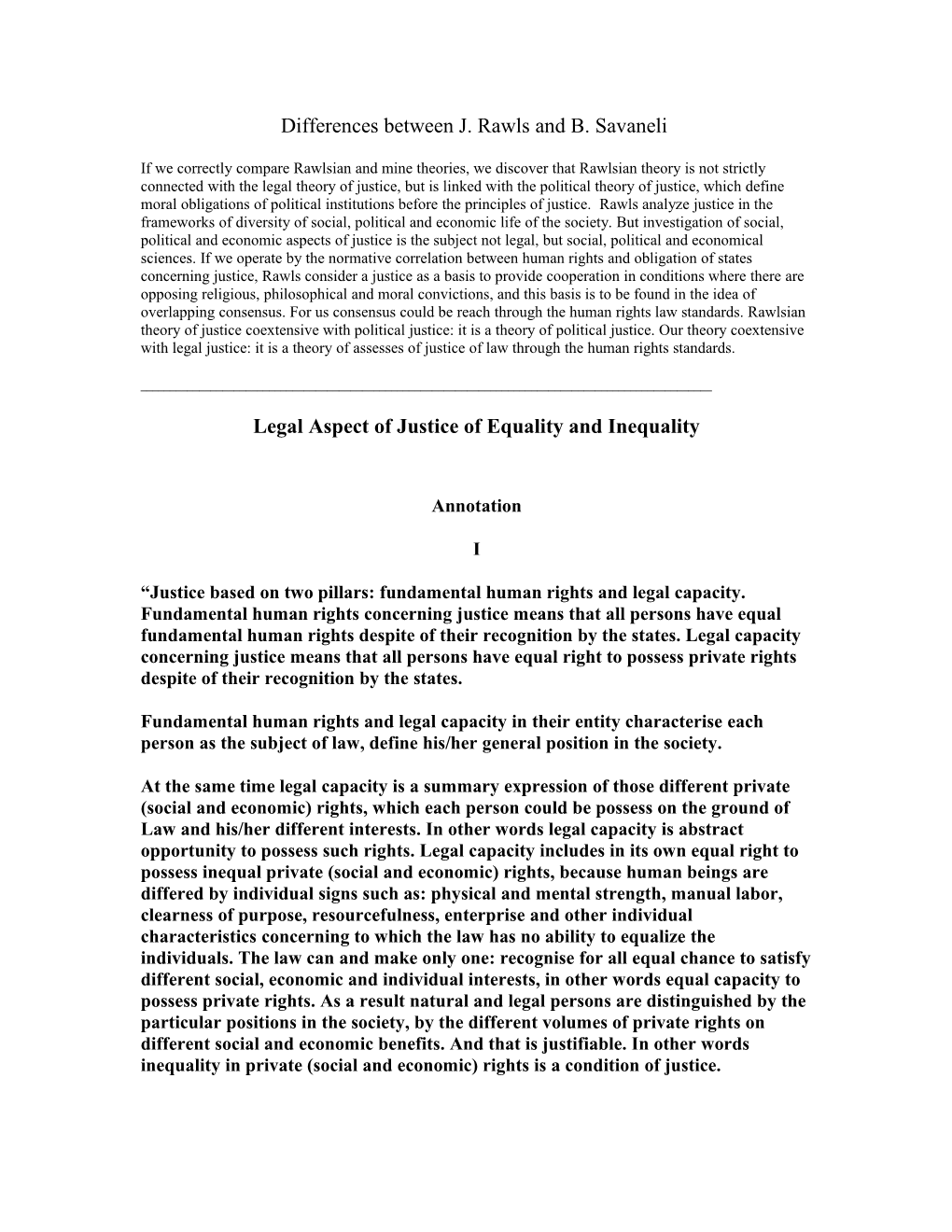 Differences Between J. Rawls and B. Savaneli