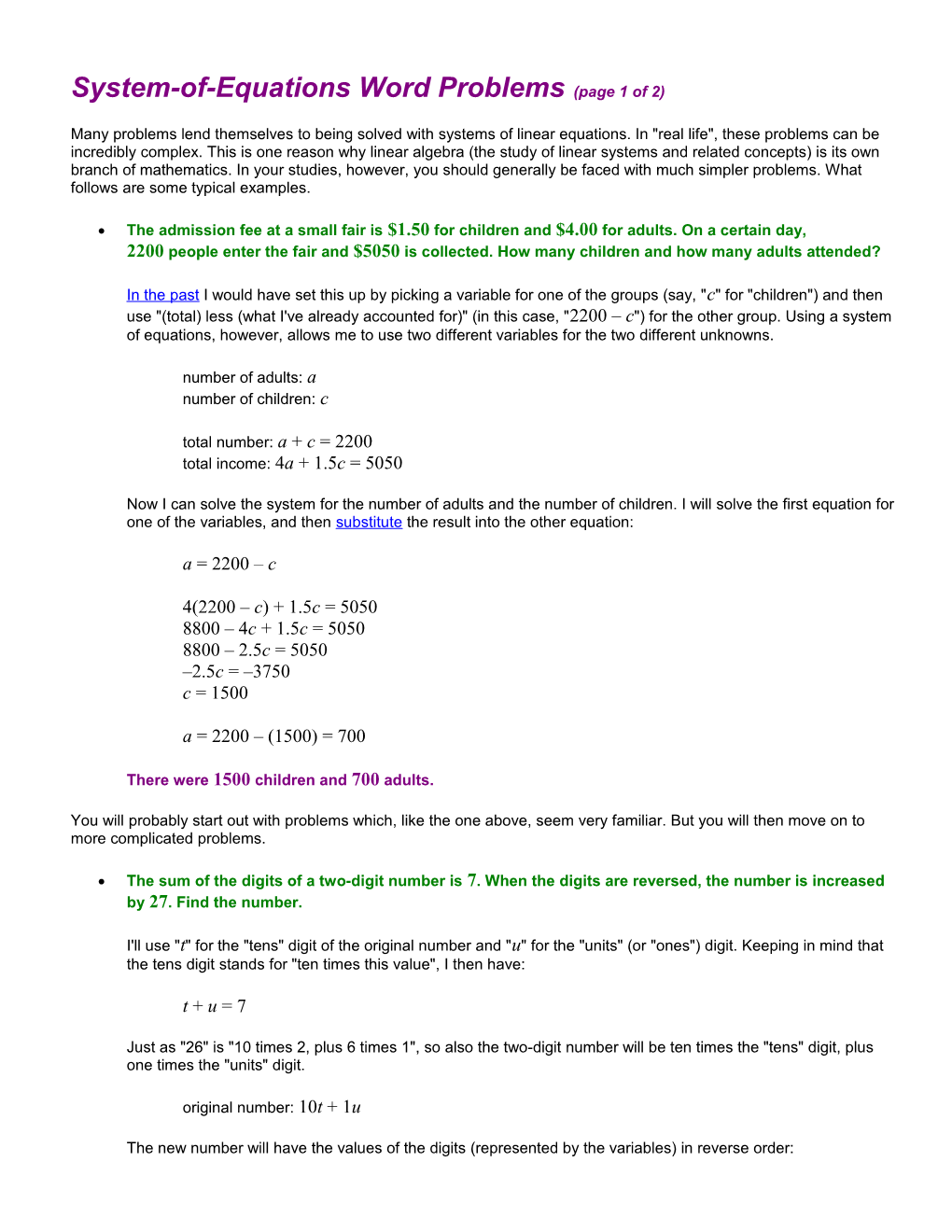 System-Of-Equations Word Problems (Page 1 of 2)