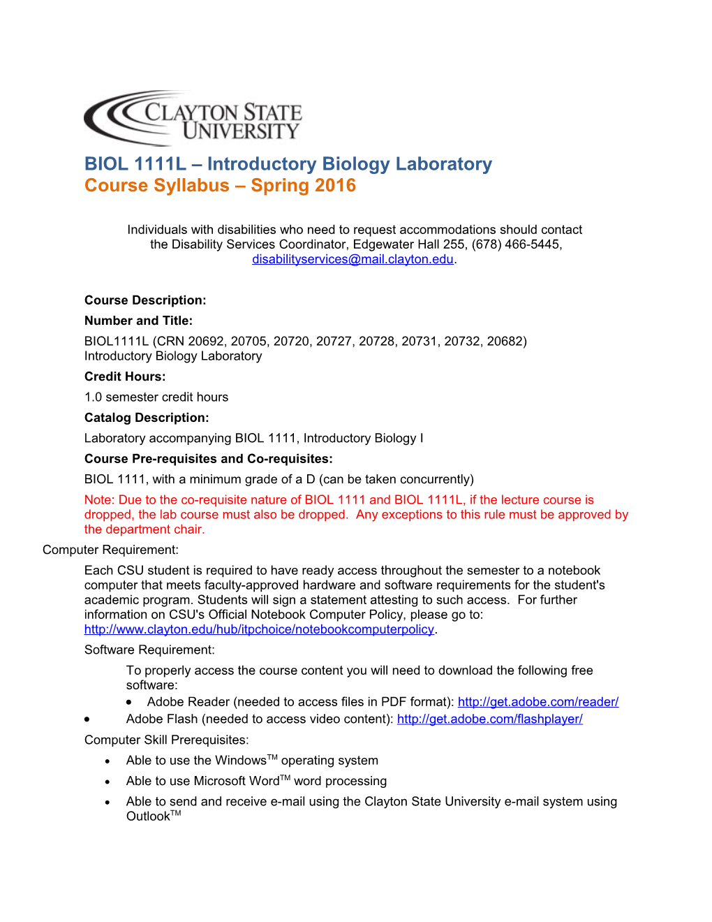 BIOL 1111L Introductorybiology Laboratory Course Syllabus Spring 2016