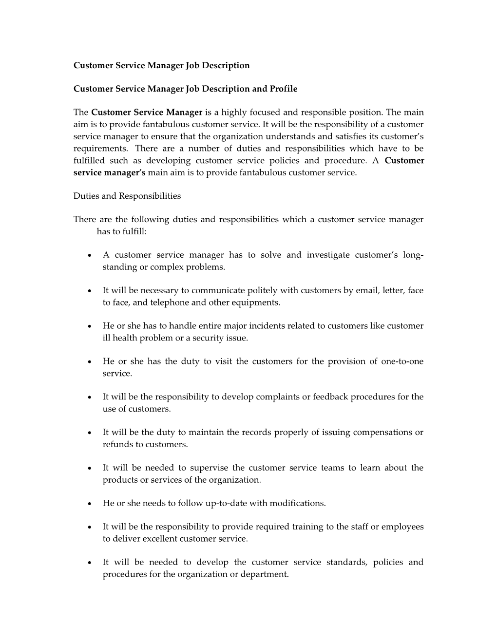 Customer Service Manager Job Description