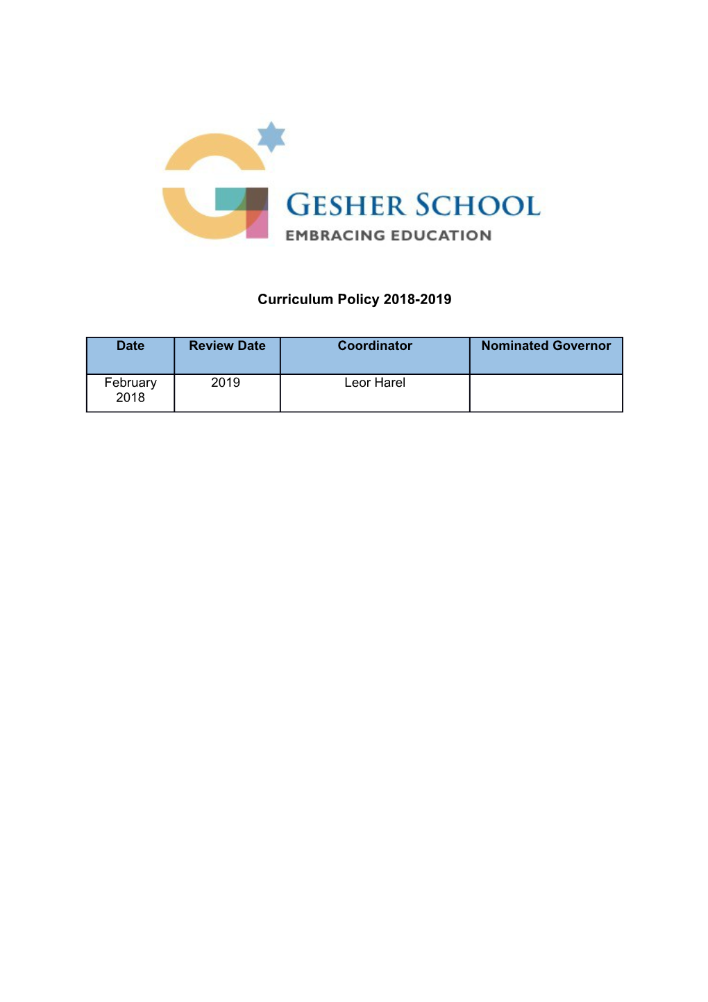 Curriculum Policy 2018-2019