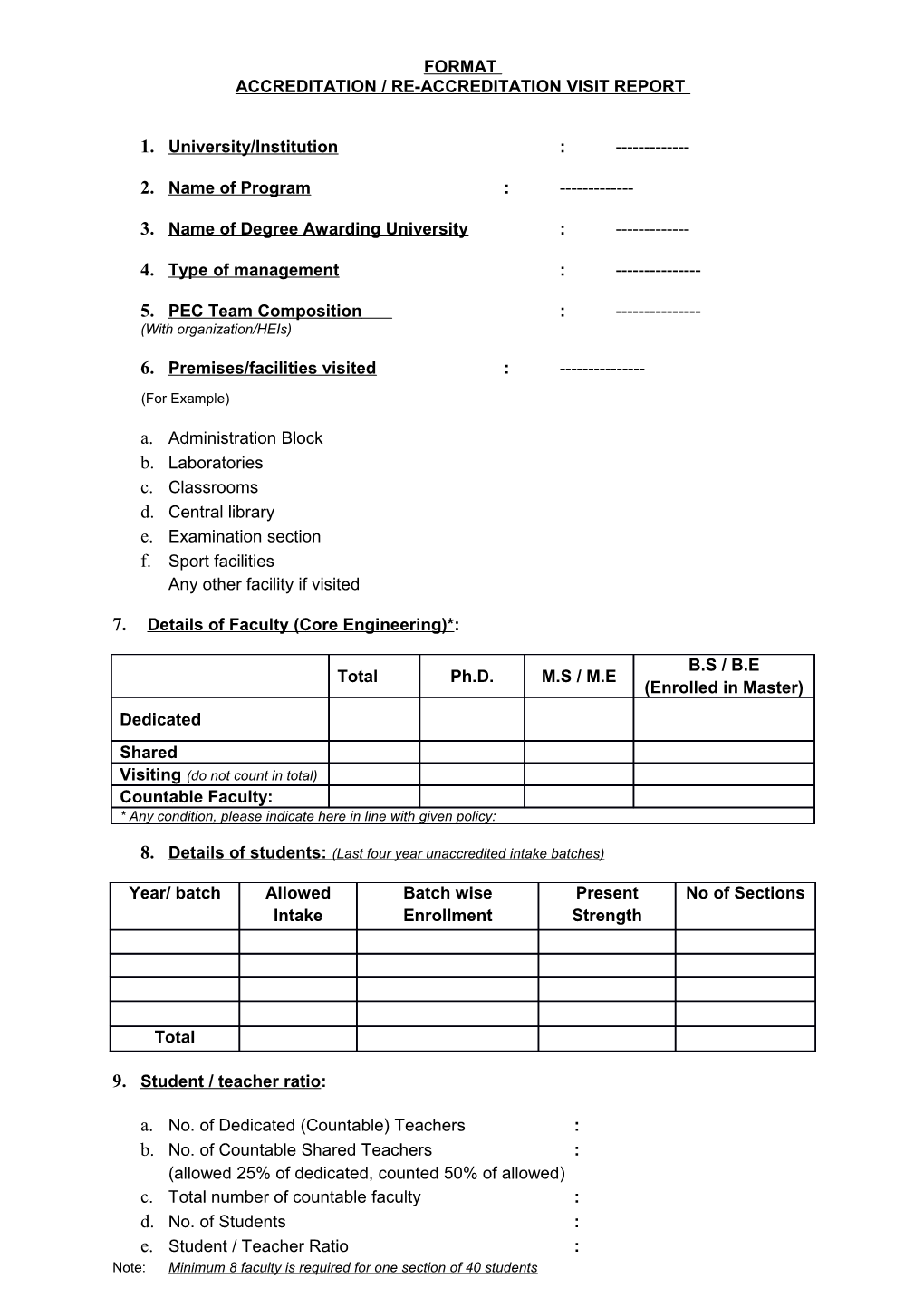 Accreditation / Re-Accreditation Visit Report