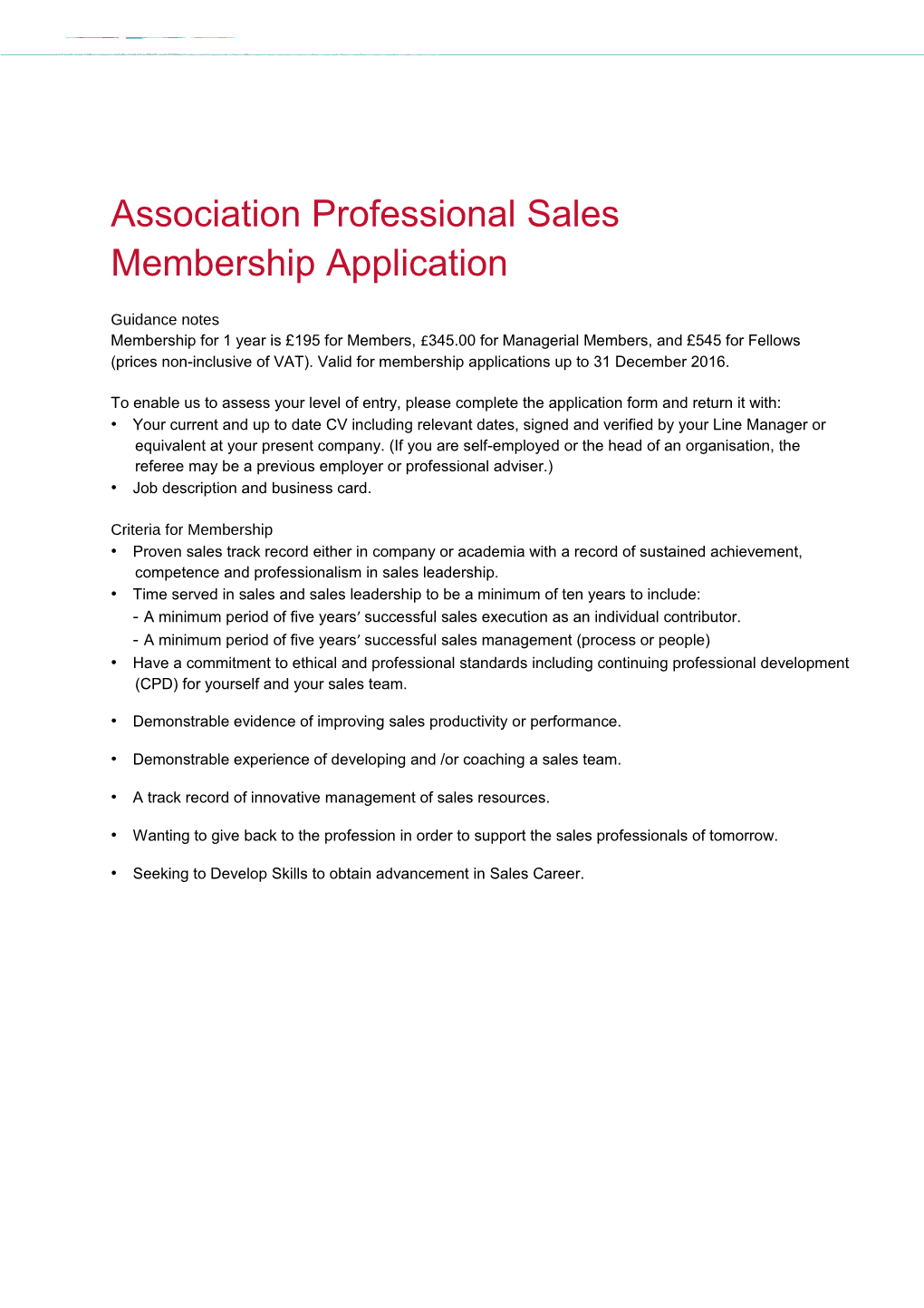 Association Professional Sales Membership Application Form