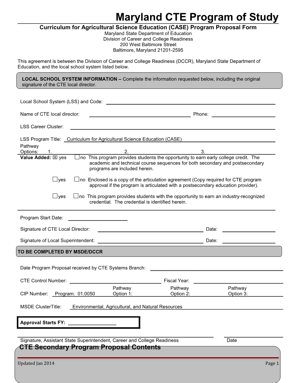 Curriculum for Agricultural Science Education (CASE) Program Proposal Form
