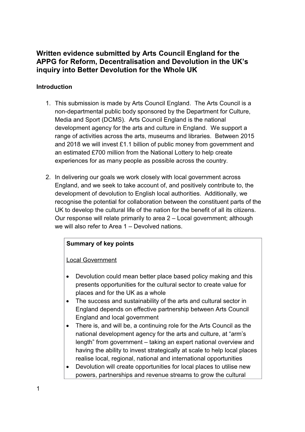 Written Evidence Submitted by Arts Council England for the APPG for Reform, Decentralisation