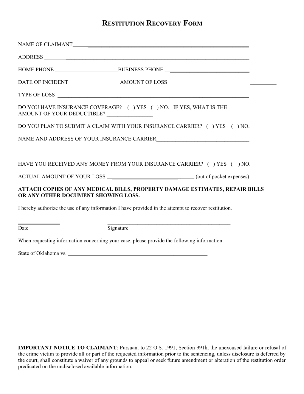 Restitution Recovery Form
