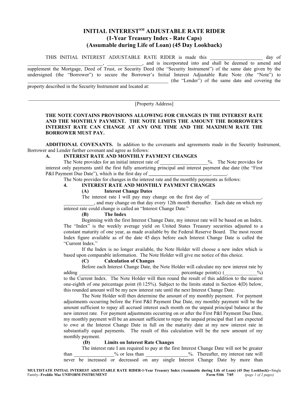 Multistate Adjustable Rate Rider (1-Year Treasury)(Assumable LOL)(45 Day Lookback)