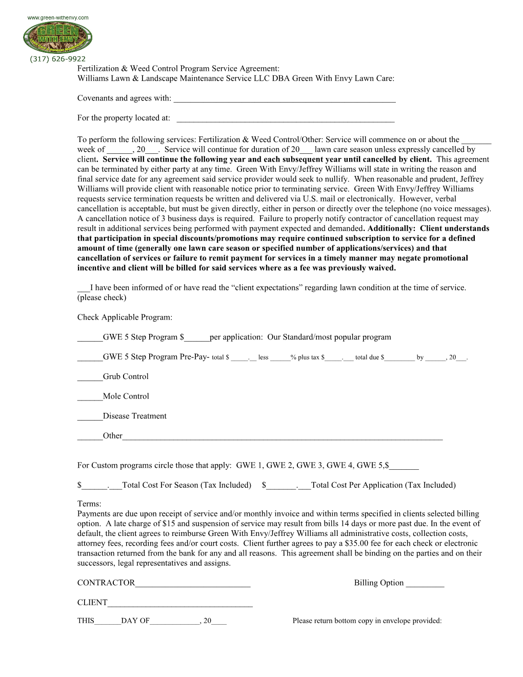 Fertilization & Weed Control Program Service Agreement