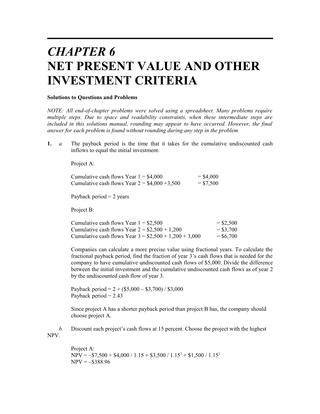 Net Present Value and Other Investment Criteria