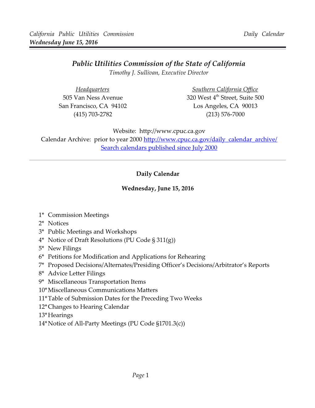 California Public Utilities Commission Daily Calendar Wednesday June 15, 2016