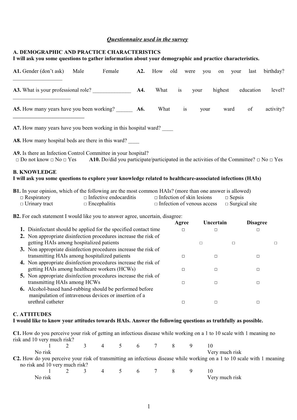 Questionnaire Used in the Survey