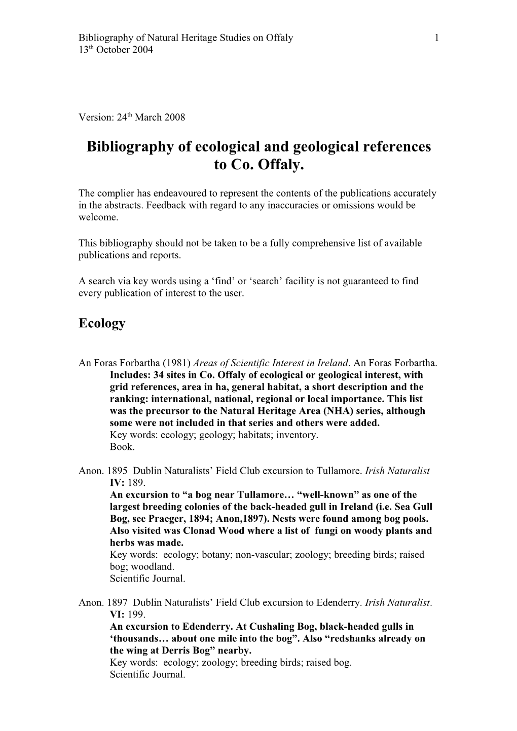 Bibliography of Ecological and Geological References to Co