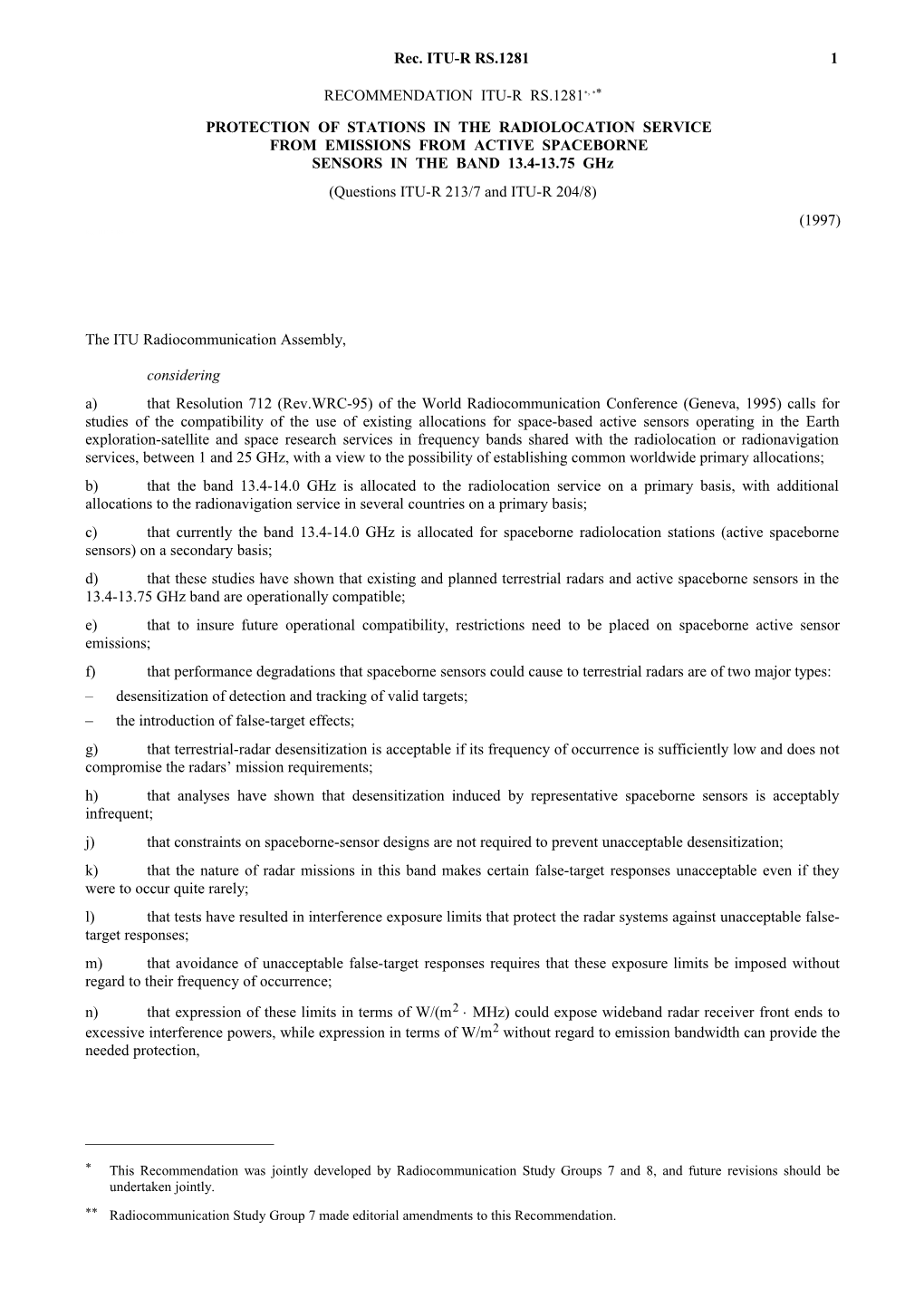 SA.1281 - Protection of Stations in the Radiolocation Service from Emissions from Active