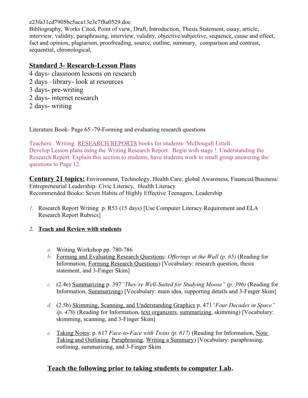 Standard 3- Research-Lesson Plans