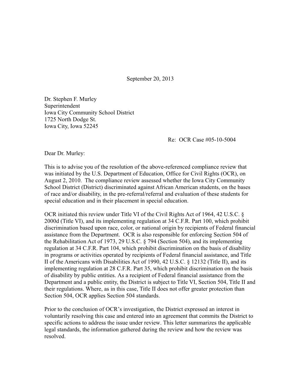 Resolution Letter to Iowa City, Iowa: Compliance Review #05-10-5004 September 20, 2013 (MS Word)