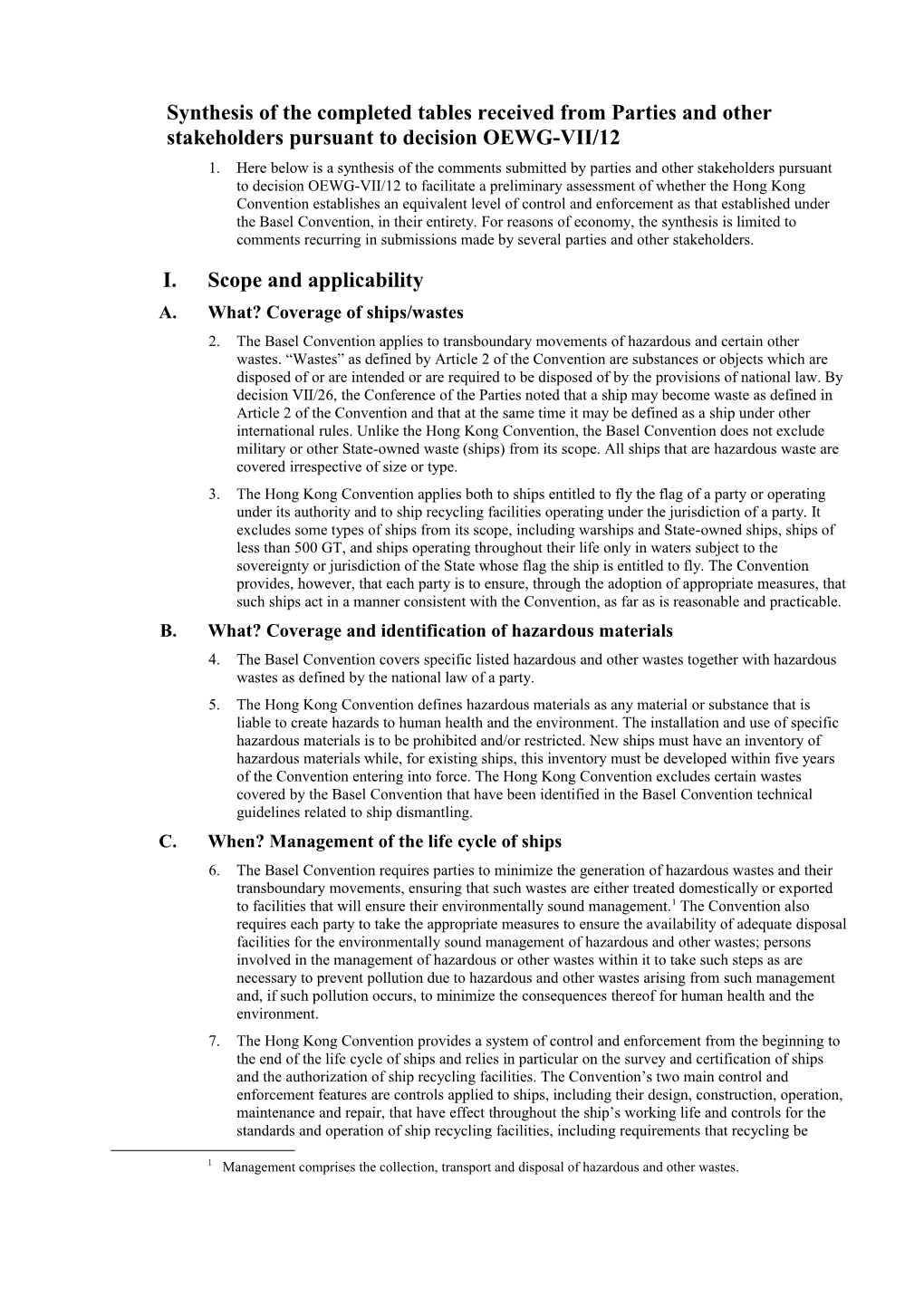 Synthesis of the Completed Tables Received from Parties and Other Stakeholders Pursuant