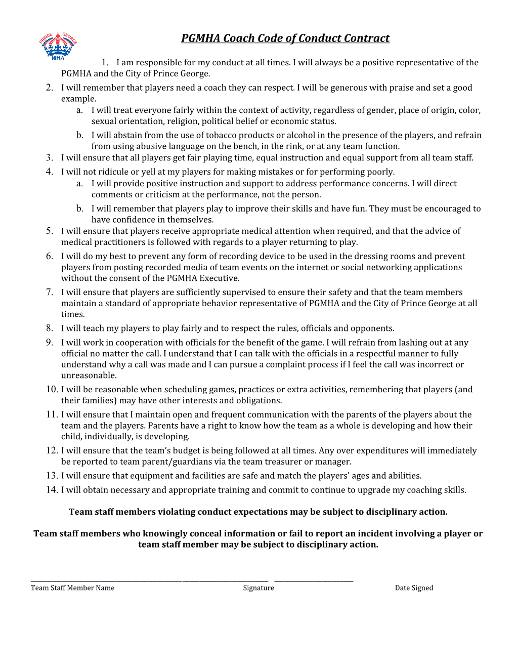 PGMHA Coach Code of Conduct Contract