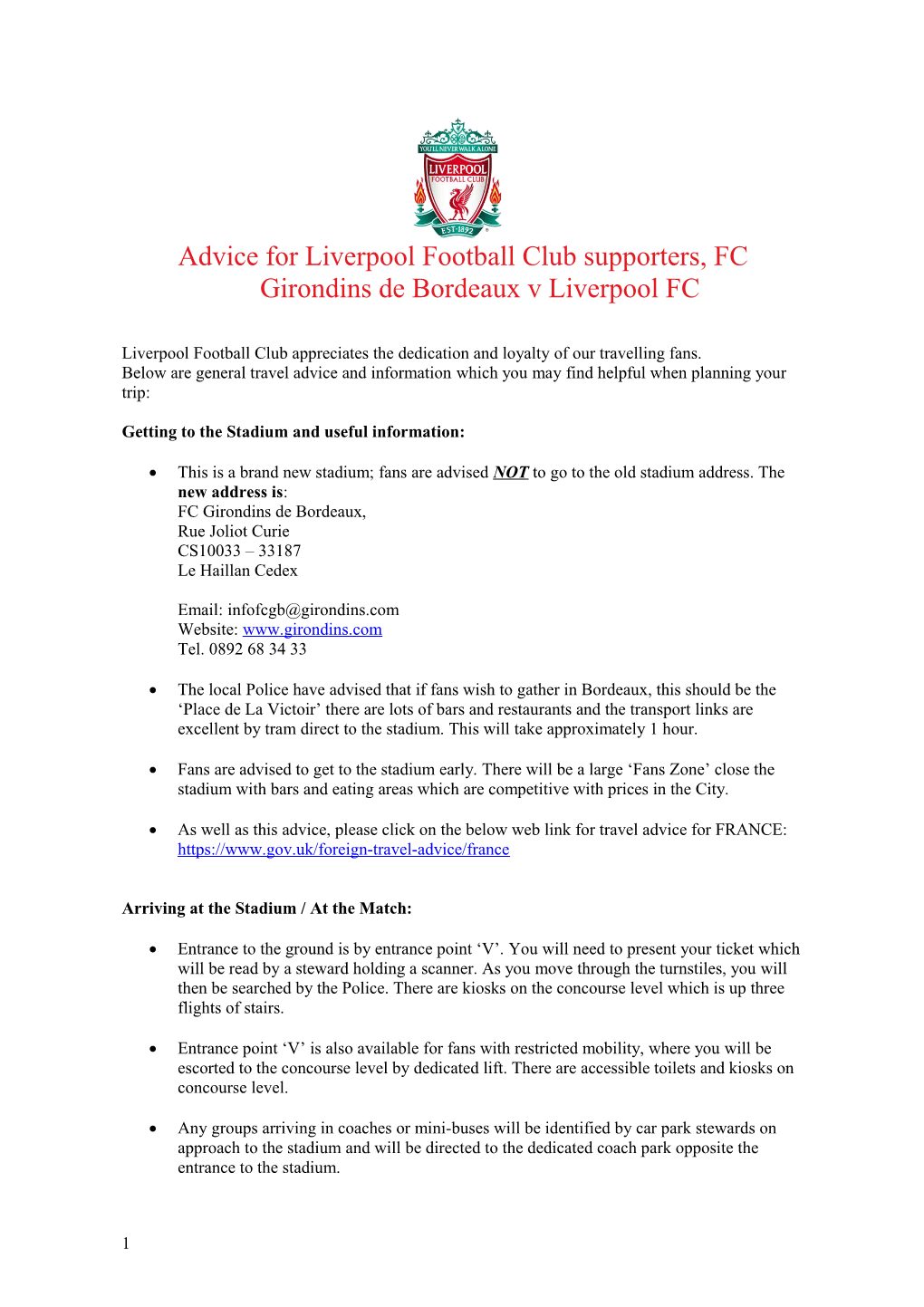 Advice for Liverpool Football Club Supporters, FC Girondins De Bordeaux V Liverpool FC