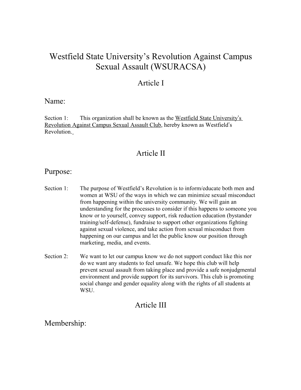 Westfield State University S Revolution Against Campus Sexual Assault (WSURACSA)