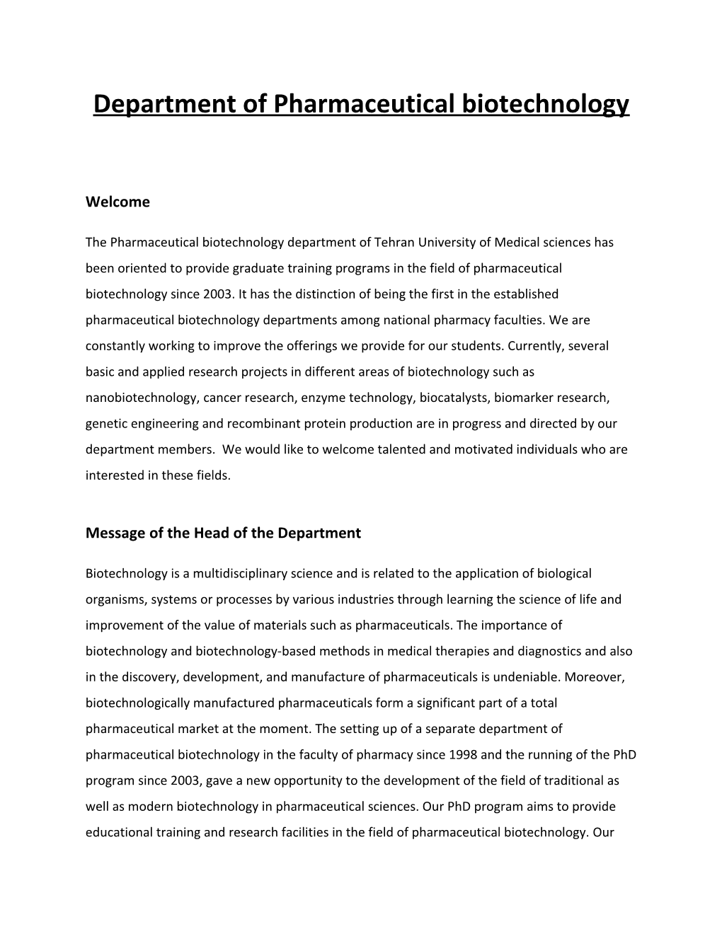 Department Ofpharmaceutical Biotechnology