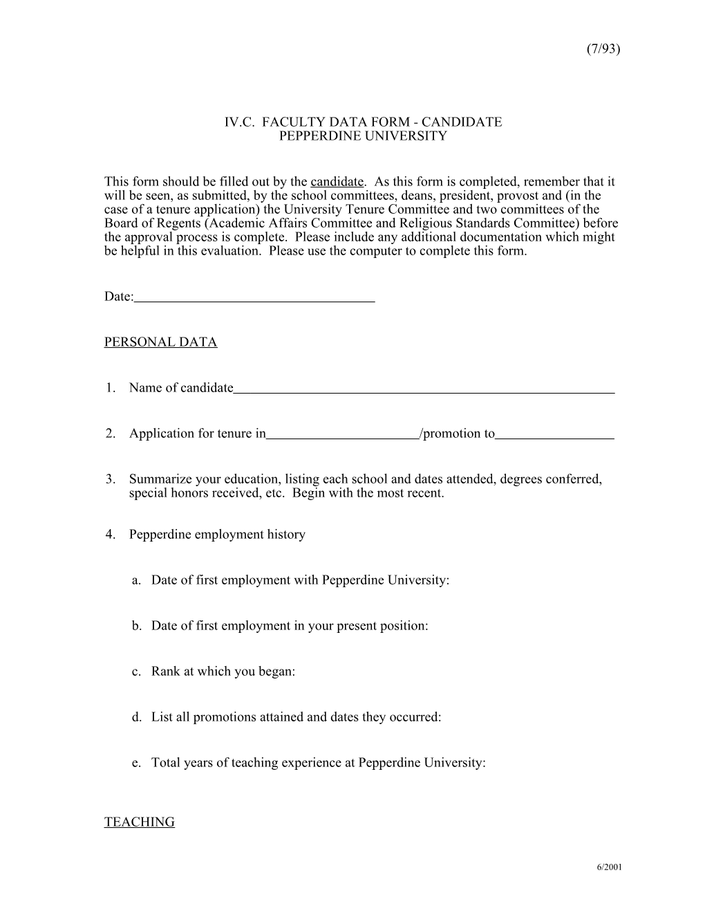 Faculty Data Form (Tenure)