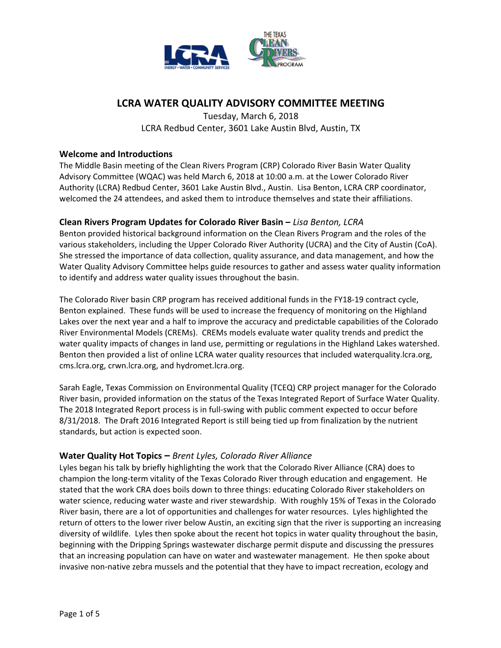 Lcra Water Quality Advisory Committee Meeting