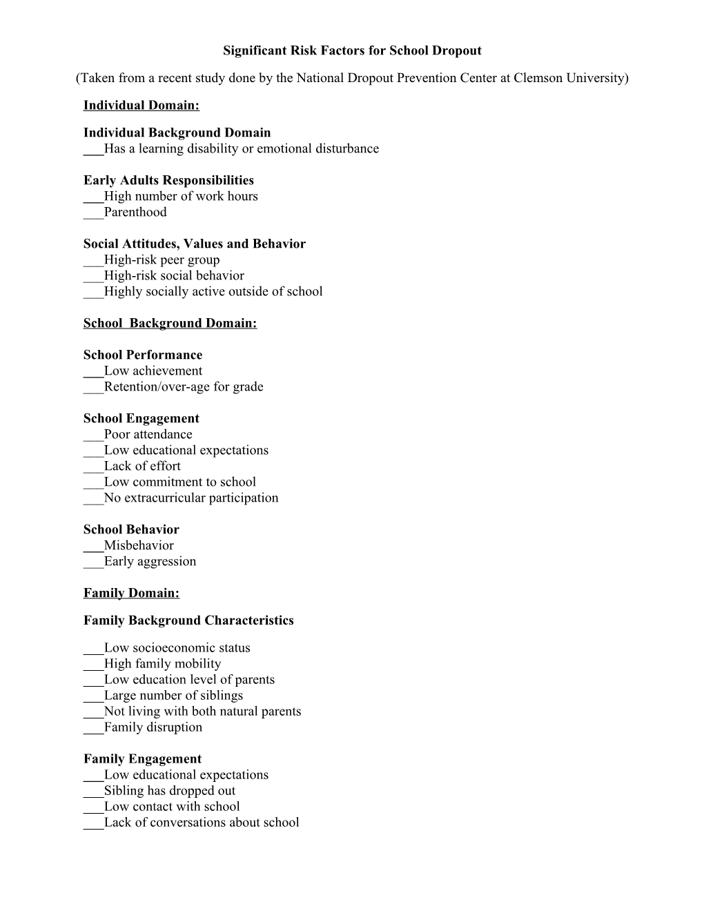 Significant Risk Factors for School Dropout