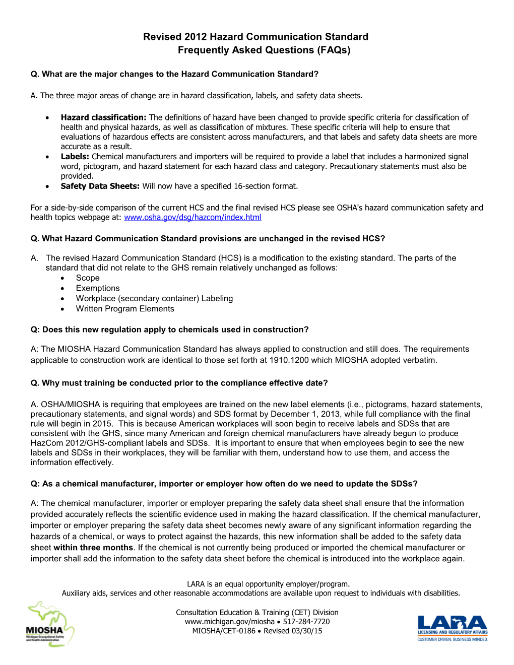 Revised 2012 Hazard Communication Standard Frequently Asked Questions (FAQ's)