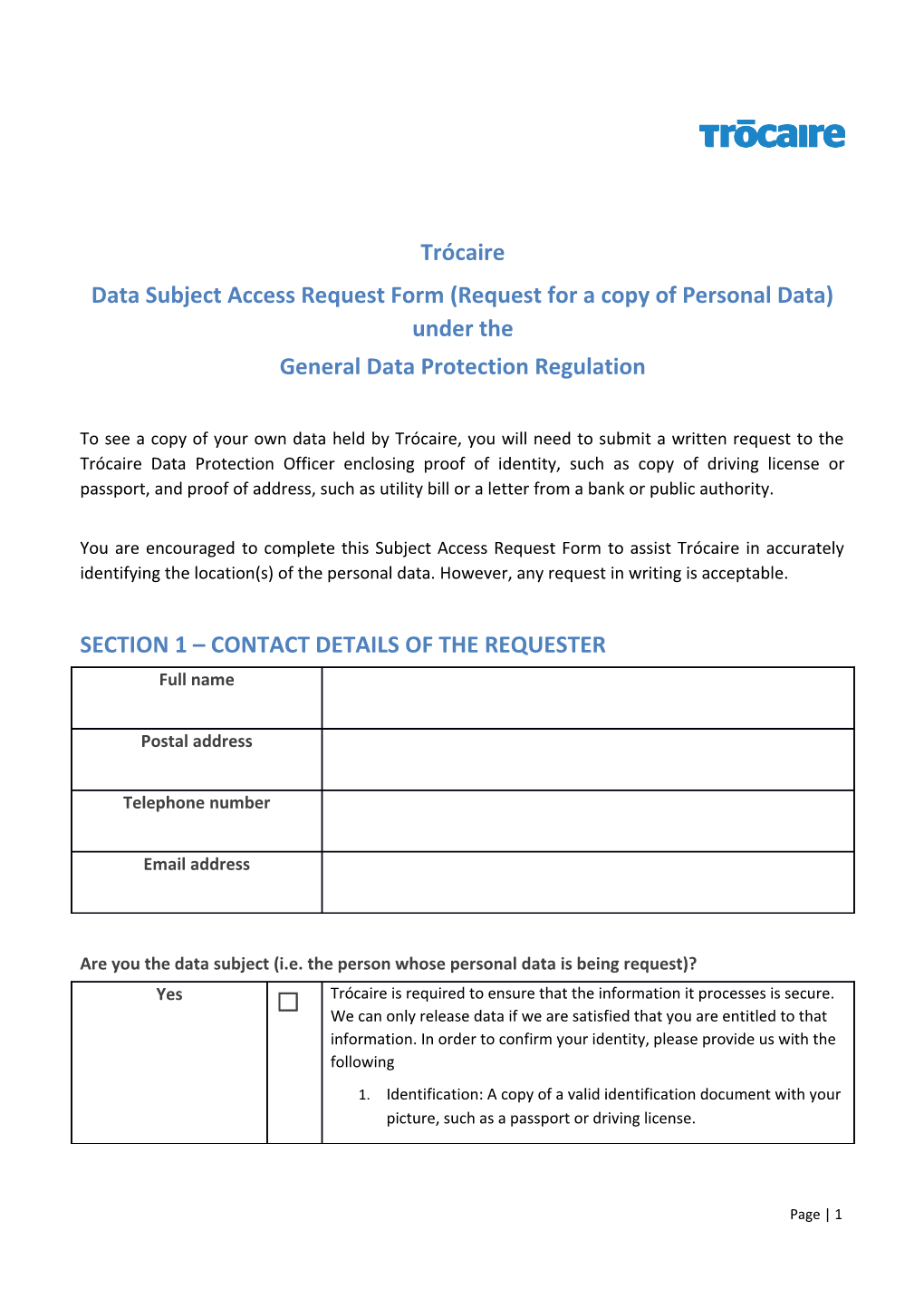 Data Subject Access Request Form (Request for a Copy of Personal Data) Under The