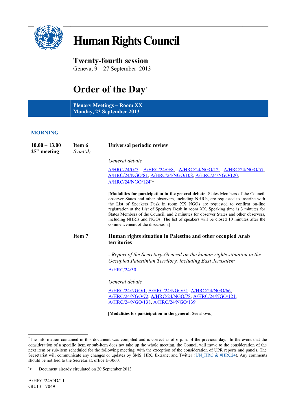 Order of the Day, Monday, 23 September 2013 (Word)