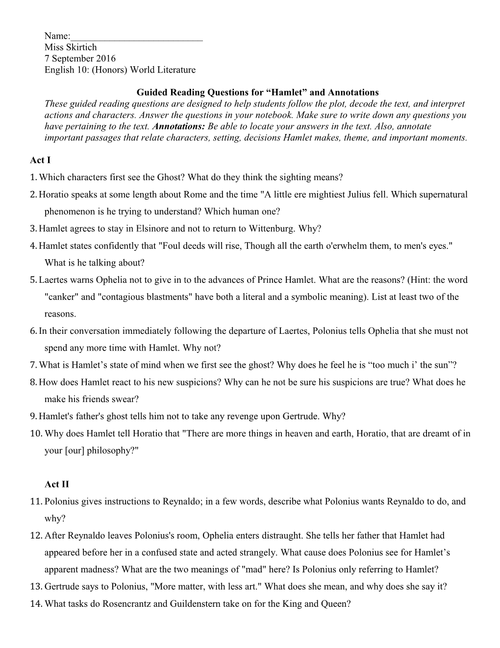 Guided Reading Questions for Hamlet and Annotations