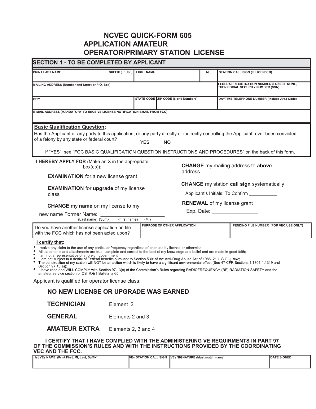 Ncvec Quick-Form 605 Application Amateur Operator/Primary Stationlicense