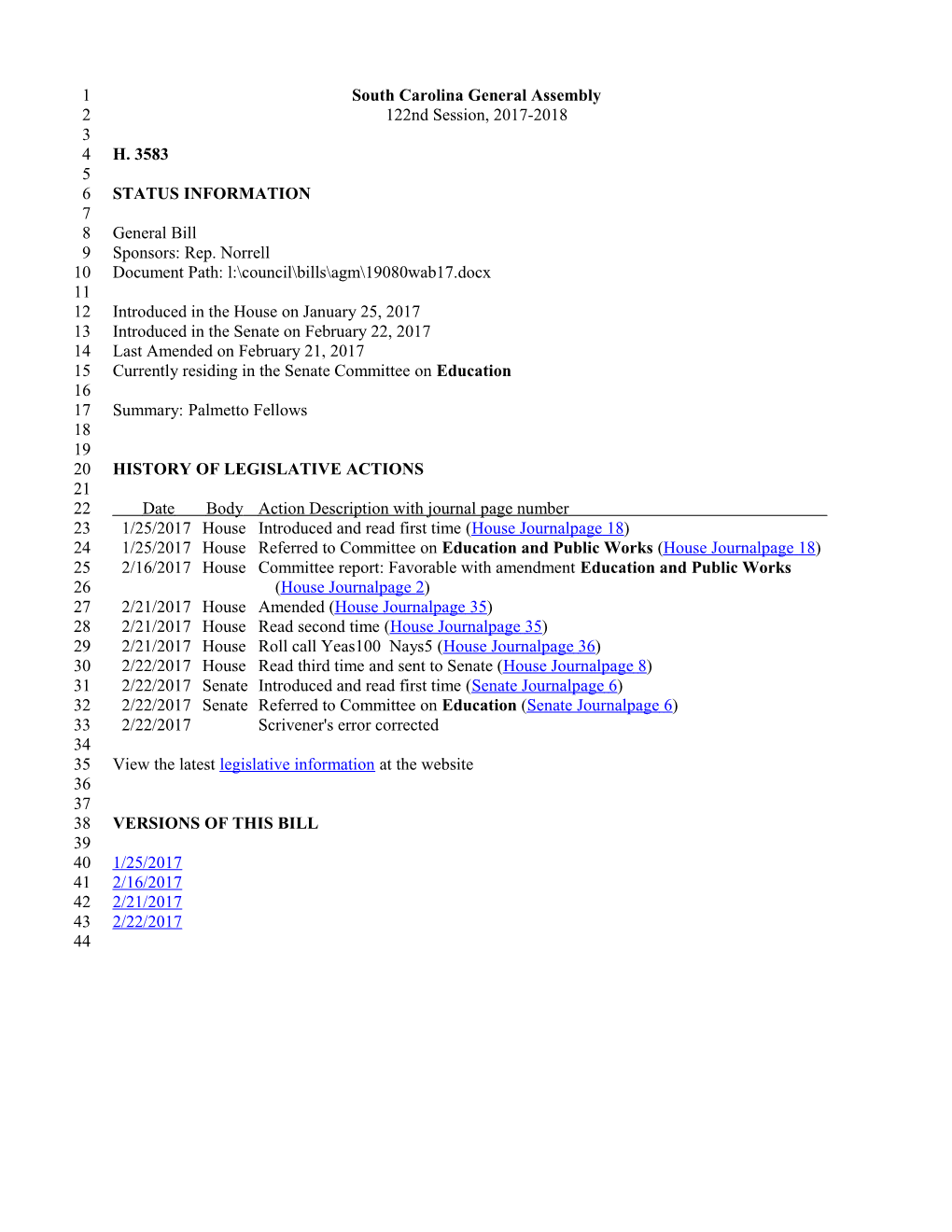 2017-2018 Bill 3583: Palmetto Fellows - South Carolina Legislature Online