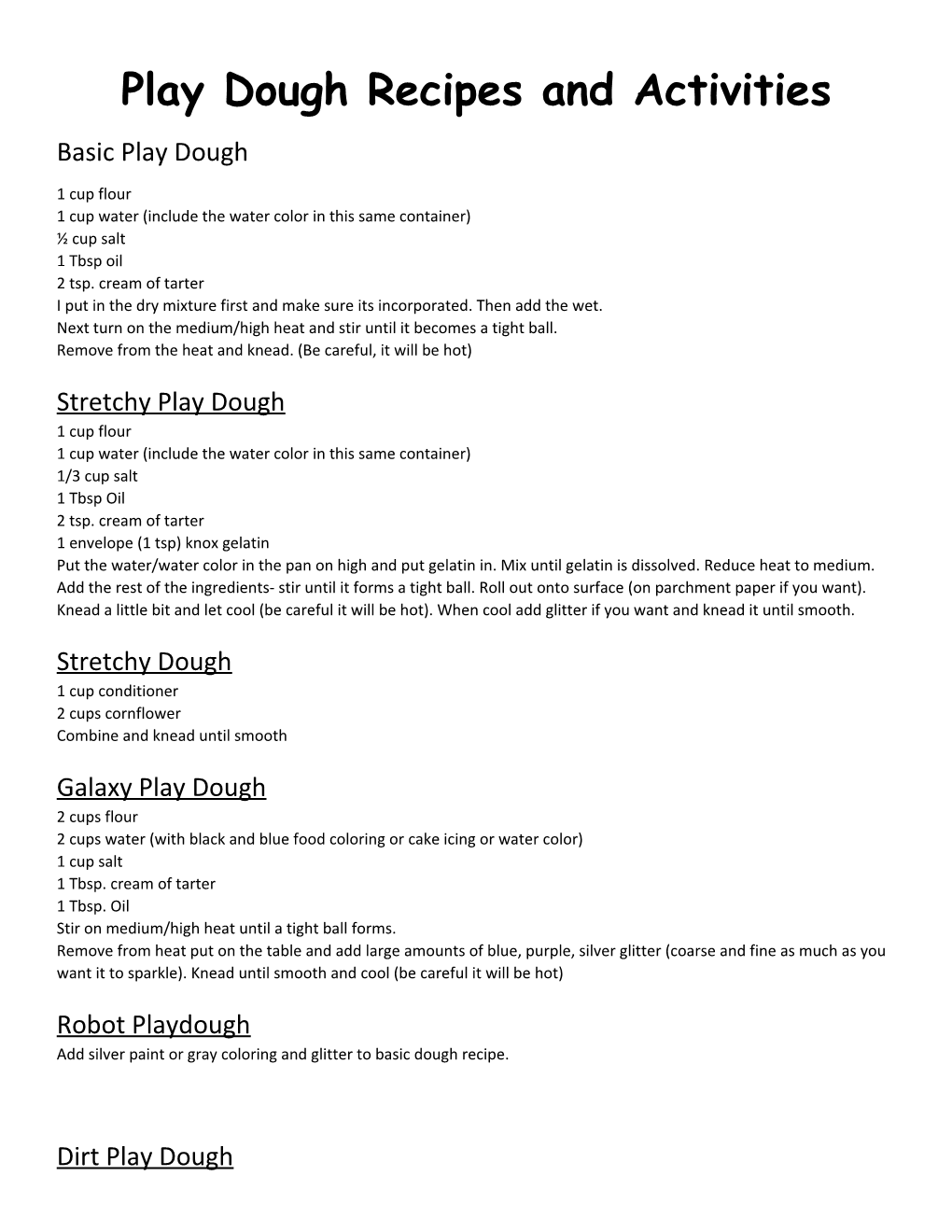 Play Dough Recipes and Activities