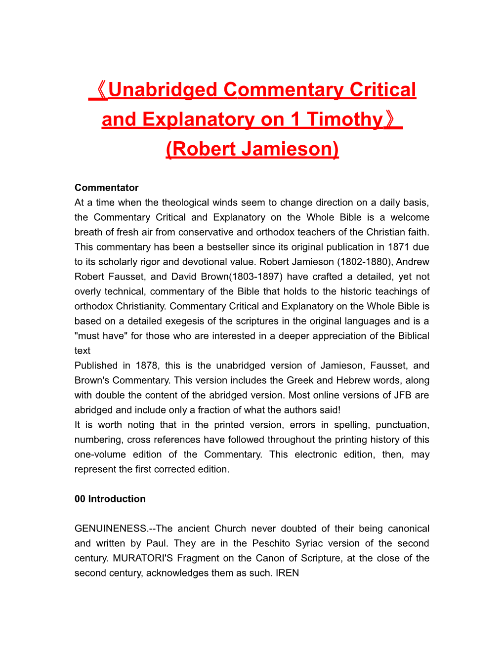 Unabridged Commentarycritical and Explanatory on 1 Timothy (Robert Jamieson)