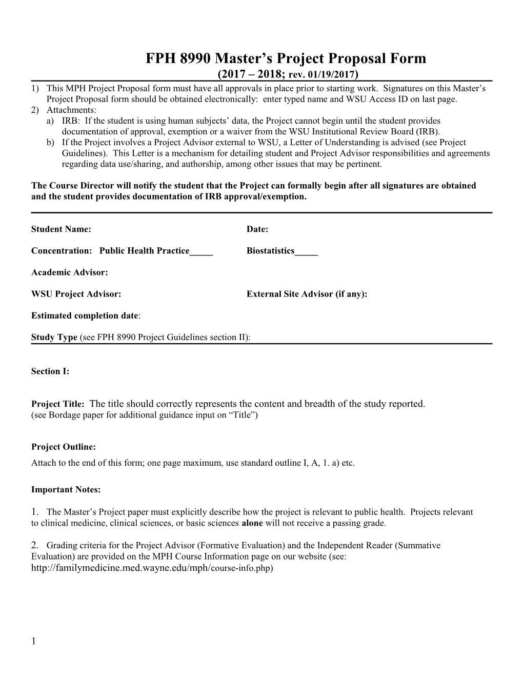 FPH 8990 Master S Project Proposal Form
