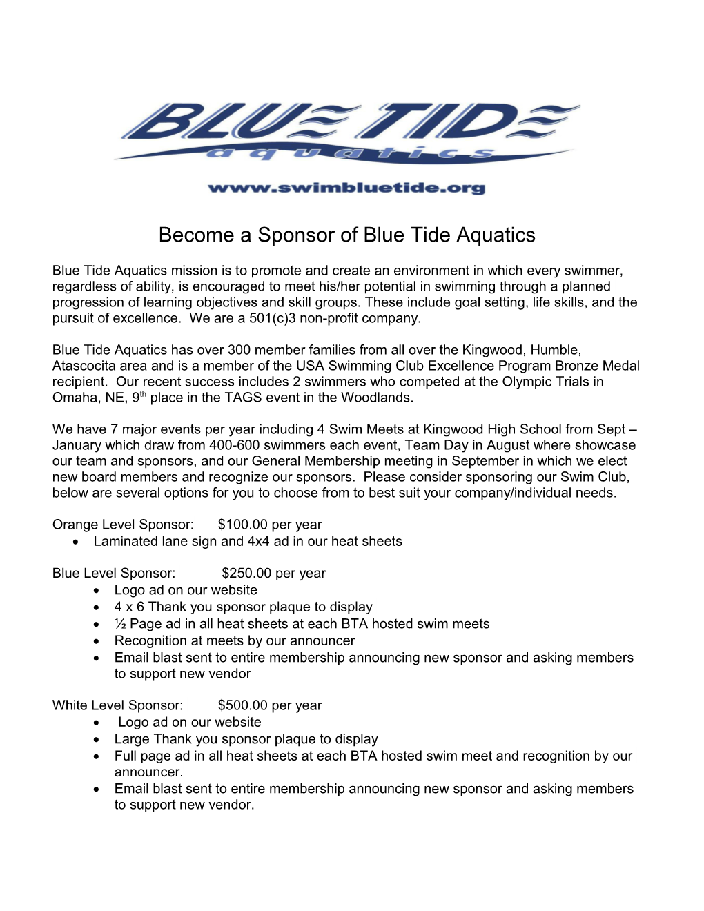 Become a Sponsor of Blue Tide Aquatics