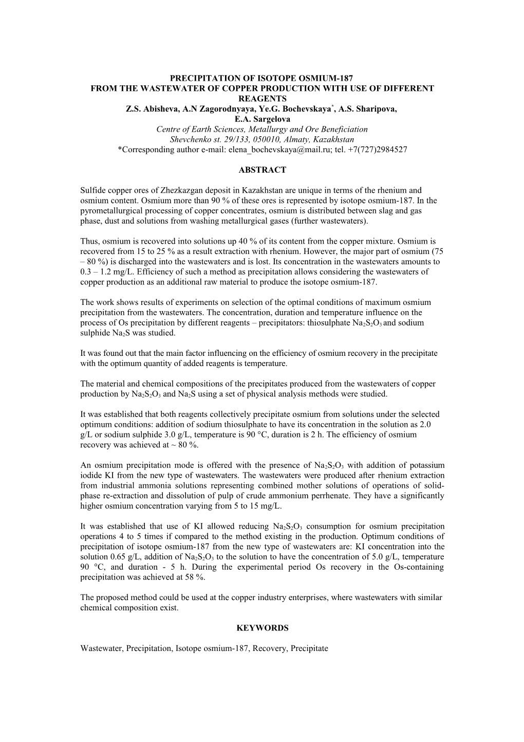 From the Wastewater of Copper Production with Use of Different Reagents