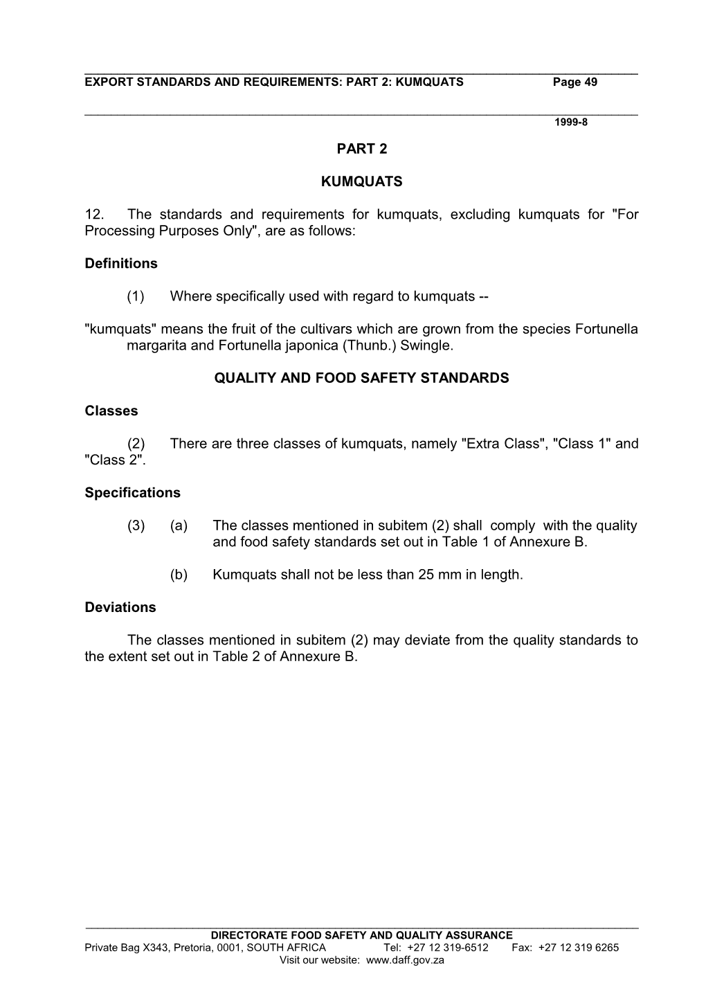 EXPORT STANDARDS and REQUIREMENTS: PART 2: Kumquatspage 1