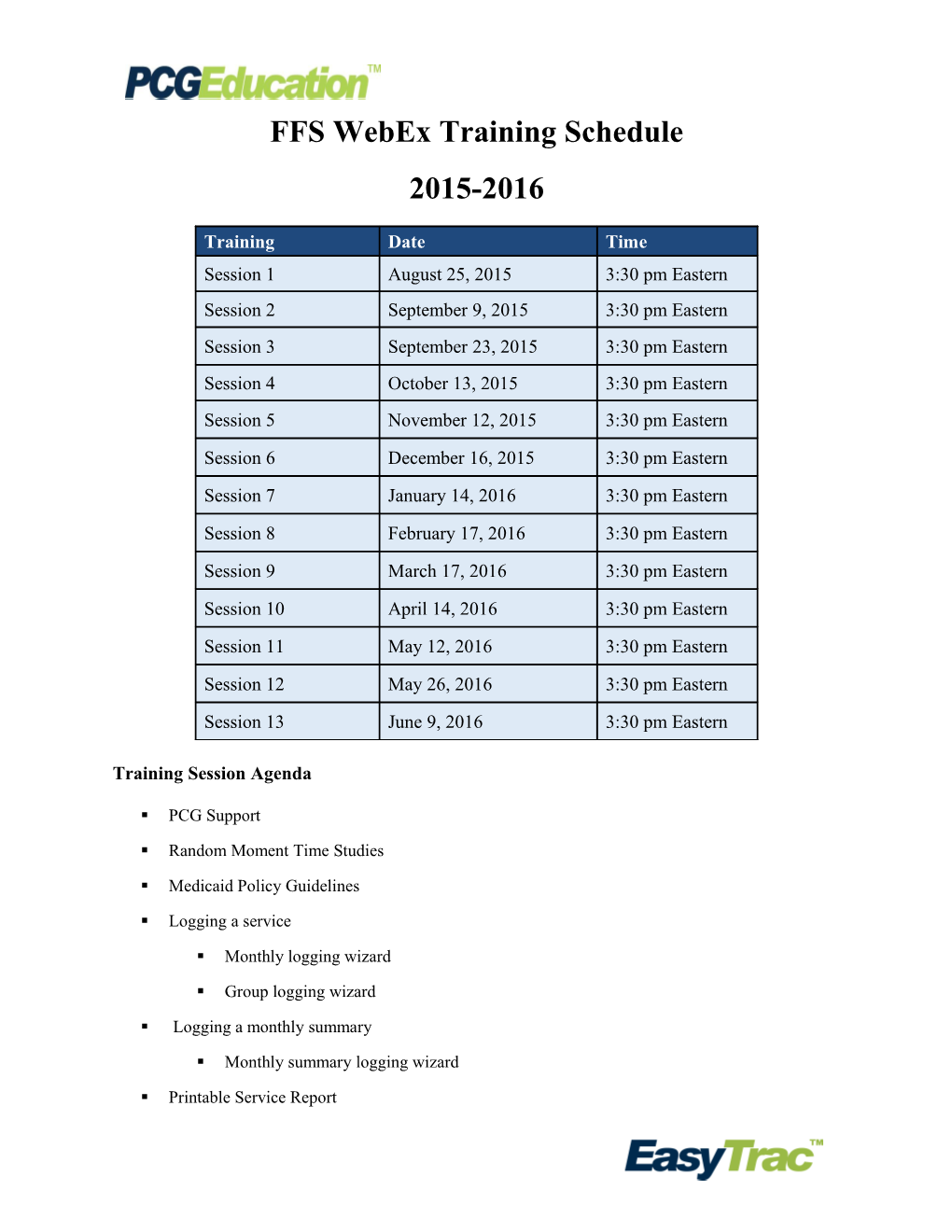 FFS Webex Training Schedule