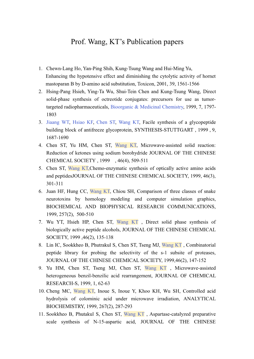 Prof. Wang, KT S Publication Papers